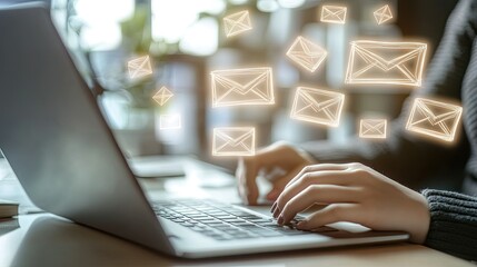 A person typing on a laptop in a cozy indoor setting, with glowing email notifications floating above, suggesting active communication and engagement in a modern workspace
