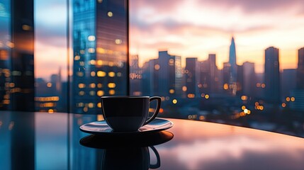 A serene morning scene featuring a steaming cup of coffee on a sleek table, with a vibrant city skyline illuminated by the glow of sunrise in the background
