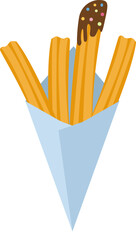 Churros dessert snack in a paper cone with chocolate topping. For fast food packaging, street food festival designs, snack themed prints