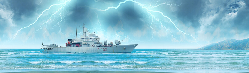 Massive Battleship Braving Rough Seas: A Dramatic Photo, Naval warships and aircraft in the open sea, Battleship sailing through a stormy ocean, 3D cinematic background poster, naval alien war concept