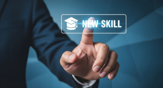 A finger touching a button with a graduation cap and the words new skill on it on transparent background