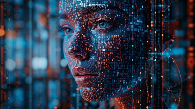 A digital human face composed of glowing blue binary code and numbers, symbolizing artificial intelligence and technology.