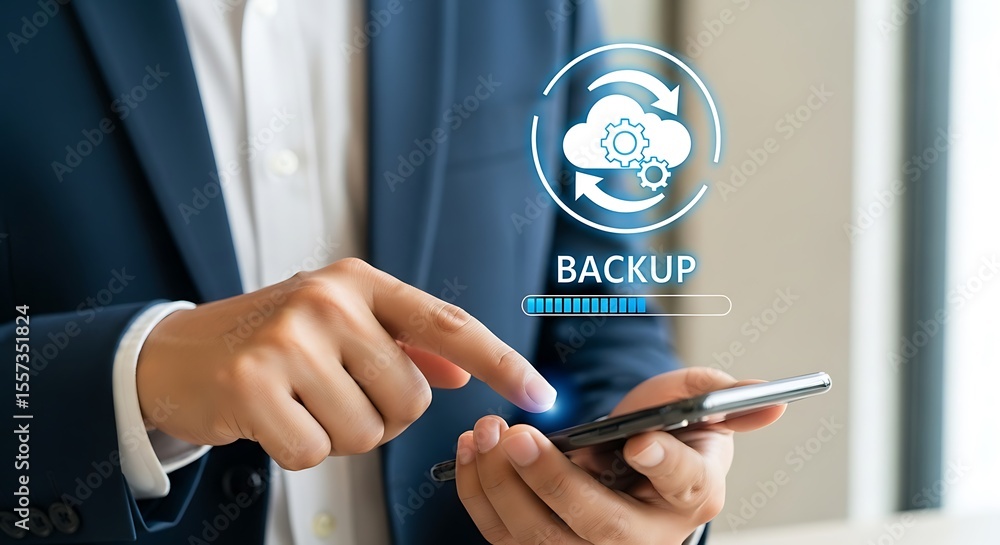 Aufkleber person using smartphone for cloud data backup process mobile technology