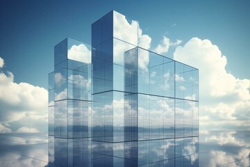 Modern glass cubes reflecting clouds and sky in a serene landscape