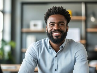 A smiling young man with a beard sits confidently at his desk in a modern office, showcasing a welcoming atmosphere with greenery and organized shelves in the background