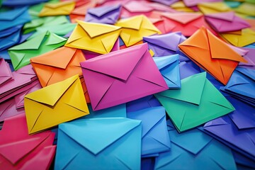 A vibrant assortment of colorful envelopes scattered on a surface, showcasing a playful mix of hues, ideal for conveying messages or invitations in a cheerful setting