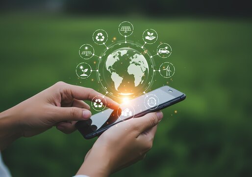 Hands holding phone with sustainable energy icons around a globe on a green background outdoors