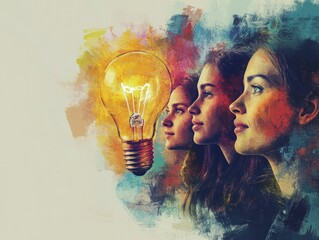 A vibrant illustration featuring three women in profile, symbolizing inspiration and creativity, with a glowing light bulb above them, set against a colorful abstract background