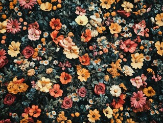 A vibrant floral arrangement featuring a multitude of colorful flowers in various shapes and sizes, set against a dark backdrop, creating a striking visual impact suitable for decorative purposes