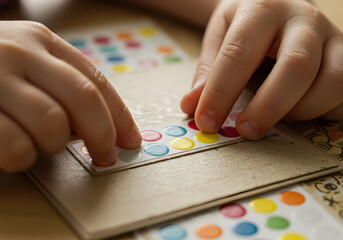 Child placing colorful stickers