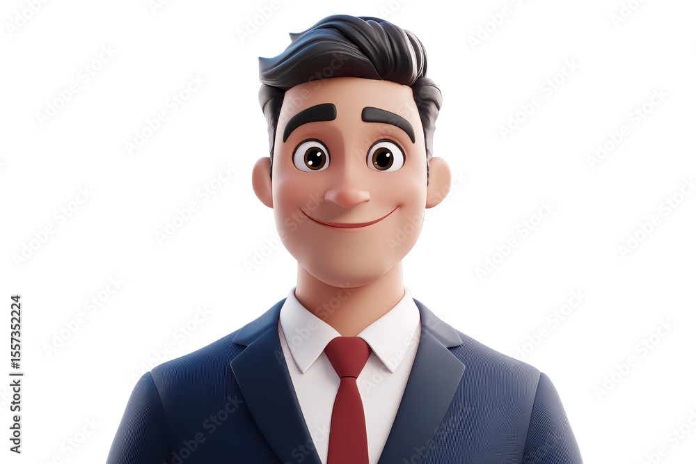Poster a businessman in a suit smiling at a camera in a professional setting. isolated in 3d cartoon charac