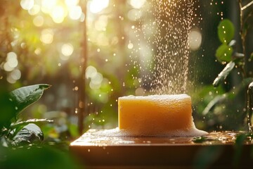 A vibrant yellow sponge resting on a wooden surface in a lush green garden, surrounded by sparkling droplets of water, capturing a serene moment of nature's beauty