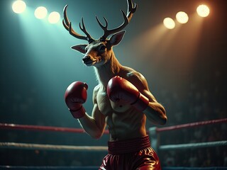 A muscular anthropomorphic deer wearing red boxing gloves poses confidently in a lit boxing ring before a fight.