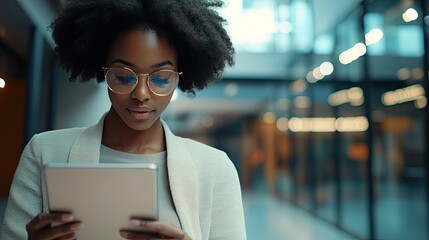 A young woman with curly hair and glasses intently examines a tablet in a modern office environment, with blurred glass partitions and warm lighting in the background