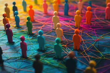 Colorful miniature figures stand on a vibrant, interconnected web of strings, symbolizing social connections and networks, with a blurred colorful background enhancing the scene
