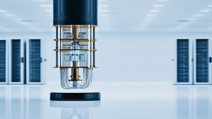 Quantum Computer in Server Room: A cutting-edge quantum computer dominates the scene, poised within a sleek server room. The futuristic equipment symbolizes scientific advancement. 