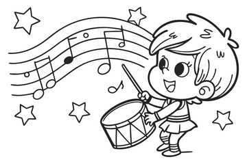 a cute child is playing drumband for coloring book, coloring page, kids
