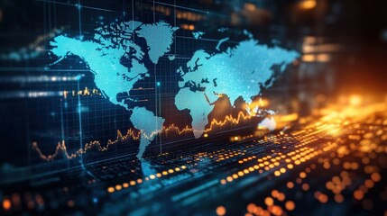 Digital world map with glowing data points and financial graphs overlay, representing global technology and economic trends.