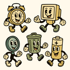 Retro Cartoon Mascot Characters of Clock, Computer, Magnifier, Trash Can, and Battery