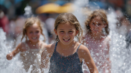 Obraz premium Mother and daughters enjoying summer fun at a city fountain