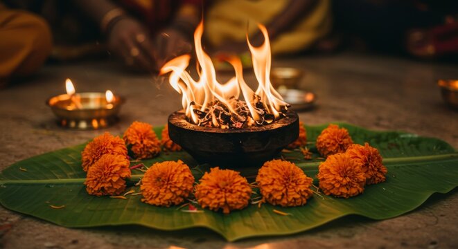 sacred fire on banana leaf for Hindu ritual Pitru Paksha, burning fire and marigold flowers