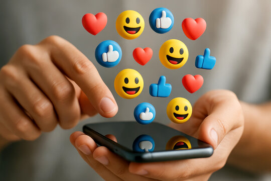 Person using smartphone with floating social media emojis and icons engagement likes