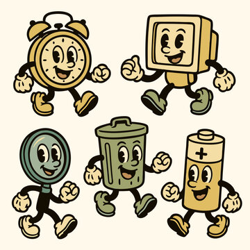 Retro Cartoon Mascot Characters of Clock, Computer, Magnifier, Trash Can, and Battery