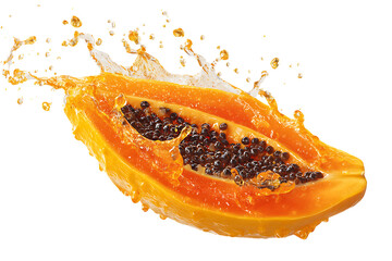 Juicy papaya slice with splashing juice. Tropical fruit, healthy food.