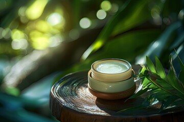 A beautifully arranged natural skincare cream jar on a rustic wooden surface, surrounded by lush green foliage, evoking a sense of tranquility and eco-friendliness in a serene outdoor setting