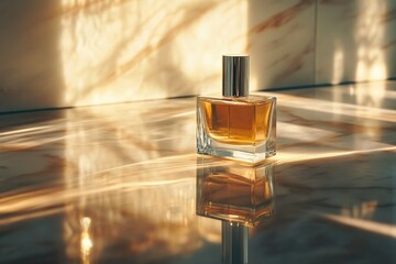 A beautifully lit glass perfume bottle resting on a polished marble surface, casting soft shadows and reflections, creating an elegant atmosphere suitable for beauty and fragrance promotions