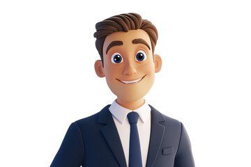 A businessman in a suit smiling at a camera in a professional setting. isolated in 3d cartoon character on white background