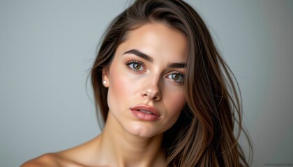 Naklejka premium Captivating portrait of a young woman studio setting beauty photography soft lighting close-up emotional expression