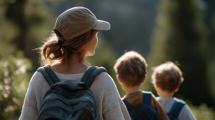 Fototapeta premium Mother and son hiking in a summer forest exploring nature