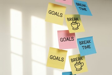 Colorful sticky notes on wall with goals and break time reminders. Sunlight casts shadows, creating a vibrant workspace.