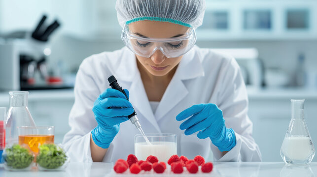 Milk Factory, A lab technician tests milk samples in a sterile environment for quality assurance.