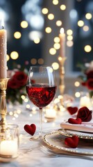 Romantic Valentine's Day dinner with soft candlelight, scattered rose petals, golden cutlery, and heart-shaped decor, set in a warm, intimate space filled with love and light.
