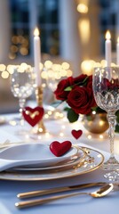 Luxurious Valentine’s scene with rich red tones, glowing garlands, elegant tableware, and soft candlelight illuminating red floral arrangements and gold heart-shaped accents.
