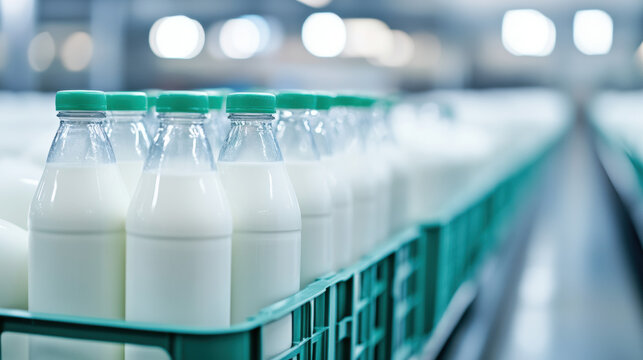 Milk Factory, Milk bottles stacked in plastic crates, ready for distribution or storage in an industrial setting.