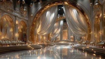 Opulent ballroom with golden accents and shimmering drapes, ideal for gala events