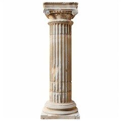 Classic stone column with fluting and detailed capital, showing age and weathering, isolated on white