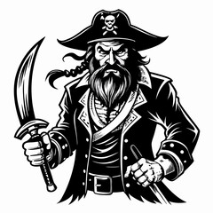 Fototapeta premium Fierce Pirate Sketch with Sword and Tricorn Hat Vintage Black and White Illustration