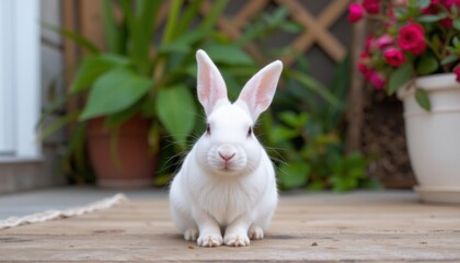 Adorable white rabbit sitting on a wooden deck surrounded by flowers in a garden setting