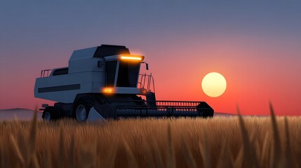 Fototapeta premium Combine harvester working in a wheat field at sunset