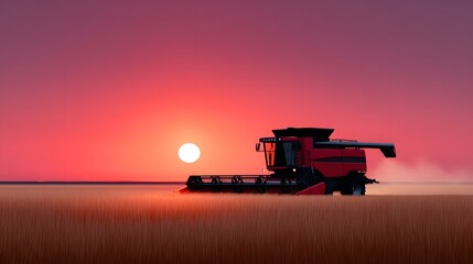 Fototapeta premium Tractor harvesting crops in a field at sunset