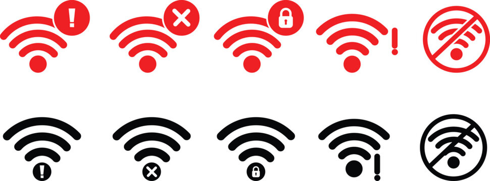Wifi and wireless problem icon, No internet access crossed out symbol, Wifi signal icon with cross indicating no connection, Wifi and wireless problem icon or no wifi icon set