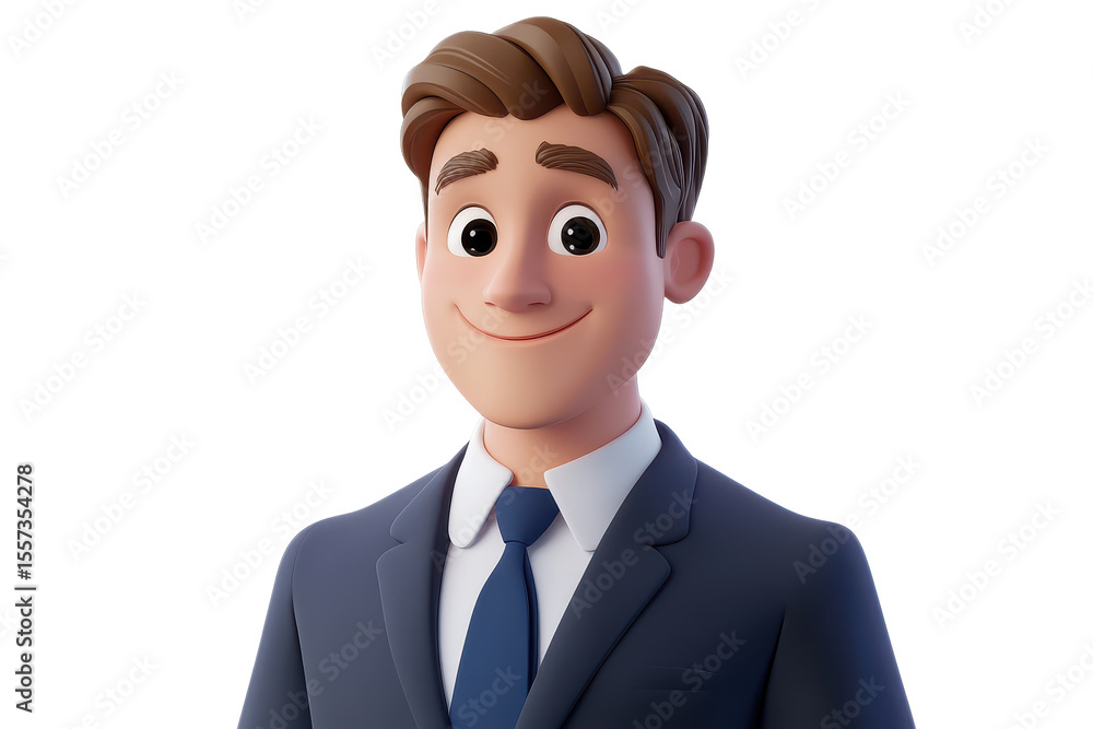 Poster a businessman in a suit smiling at a camera in a professional setting. isolated in 3d cartoon charac