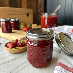 strawberry jam in glass jar