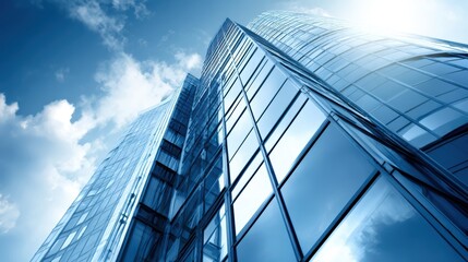 Fototapeta premium Modern glass skyscraper reflecting the blue sky and clouds, viewed from a low angle on a sunny day