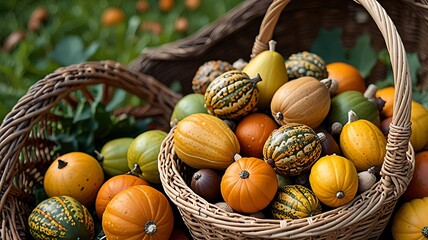Harvest Basket Brimming with Colorful Gourds and Pumpkins