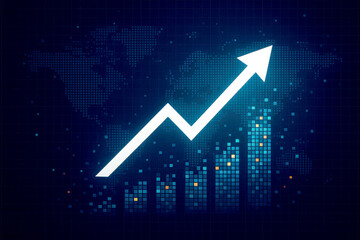 White arrow graph ascending over digital world map and blue pixelated bars rising